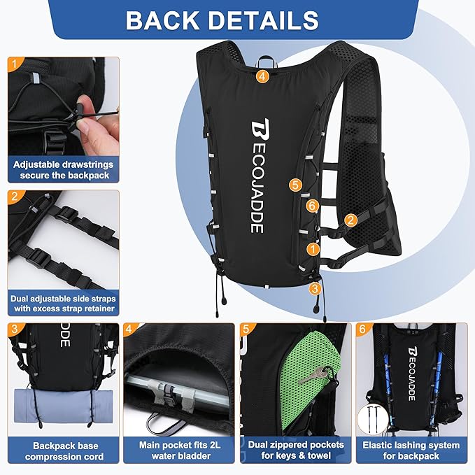 BECOJADDE Running Vest Hydration Backpack for Men Women, 5L Lightweight Running Backpack Hydration Pack for Marathon, Trail, Cycling, Hiking, Jogging