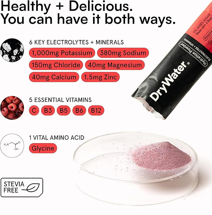 DryWater Electrolyte Powder Packets, Raspberry Lemon - Stevia-Free Hydration Packets Drink Mix with Zero Added Sugar for Rehydration & Energy - 6 Key Electrolytes, 5 Vitamins & 5 Real Fruits - 12 Pack