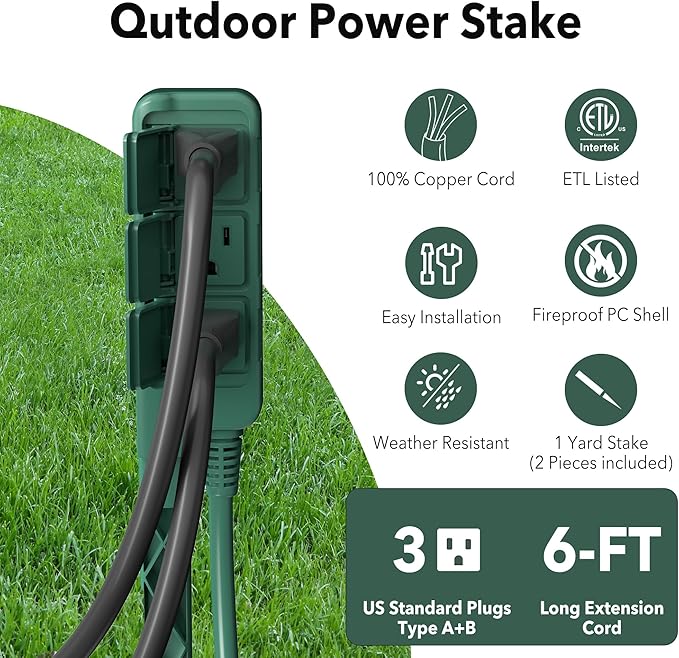 HBN Outdoor Power Stake Waterproof with 6FT Long Extension Cord, 3 Grounded Outlets Yard Power Strip with Protective Covers, Electrical Power Stake with Multiple Plug Socket for Garden Decoration