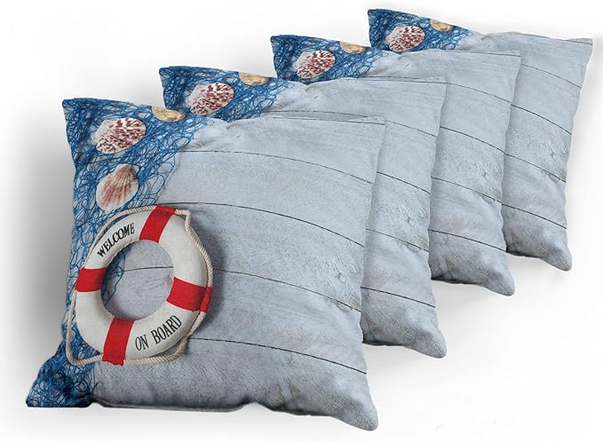 Ambesonne Coastal Throw Pillow Cushion Case Pack of 4, Welcome on Board Message on Life with Fishing Net Seashell Wood Floor of Boat, Modern Accent Double-Sided Digital Printing, 24", Dust Blue