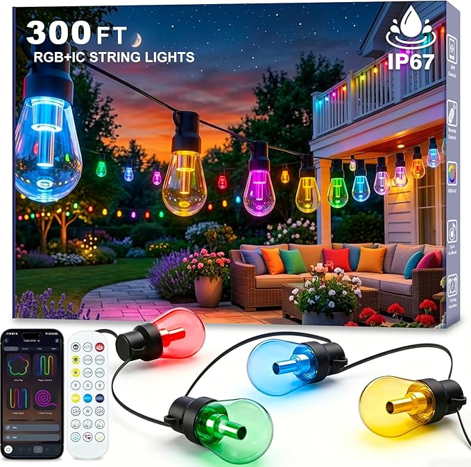 Beizelte Outdoor String Lights, 300FT RGB+IC Outside Light Dimmable Shatterproof LED Bulbs, IP67 Waterproof Chasing Effect Lighting DreamColor Patio Strip Lights for Backyard, Balcony, Outdoor Living