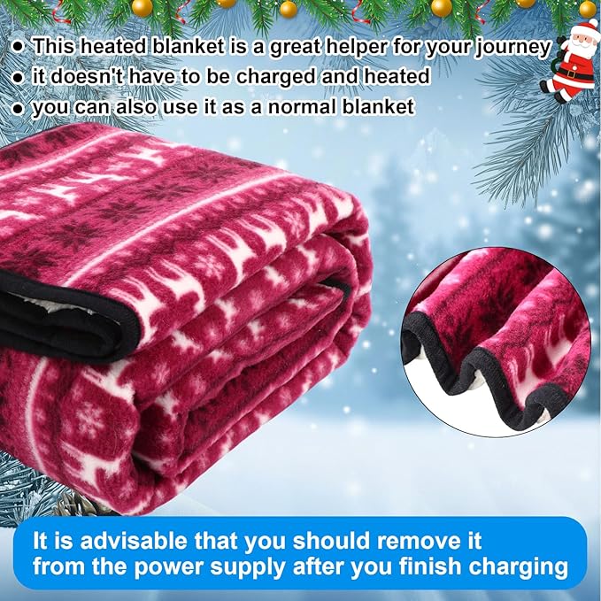 Riakrum 12V Car Heated Blanket for Cold with 2 or 3 Heating Levels 58 x 43 Emergency Winter Adjustable Temperature Electric Blanket Throw Gift Plugs in Car RV Truck SUV(Red and White,Reindeer)