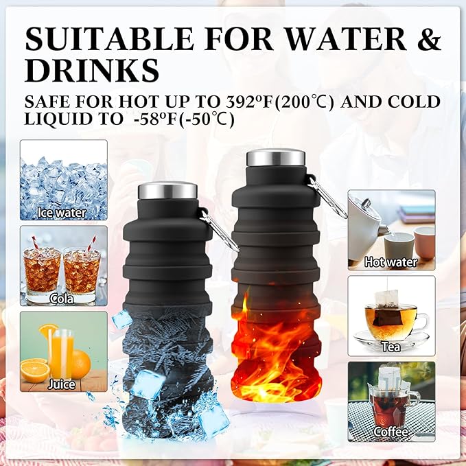 Lallisa 4 Pcs Collapsible Water Bottles 17 oz Reusable Silicone Foldable Travel Water Bottle Portable Leak Proof Sports Water Bottles for Gym Camping Hiking (Black)