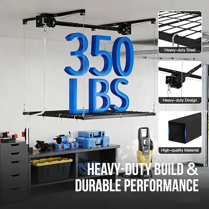 4x4 FT Overhead Garage Lifting Storage Rack, 350 lbs Capacity & 79" Lifting, Metal Garage Ceiling Rack, Adjustable Storage System with Safety Lock