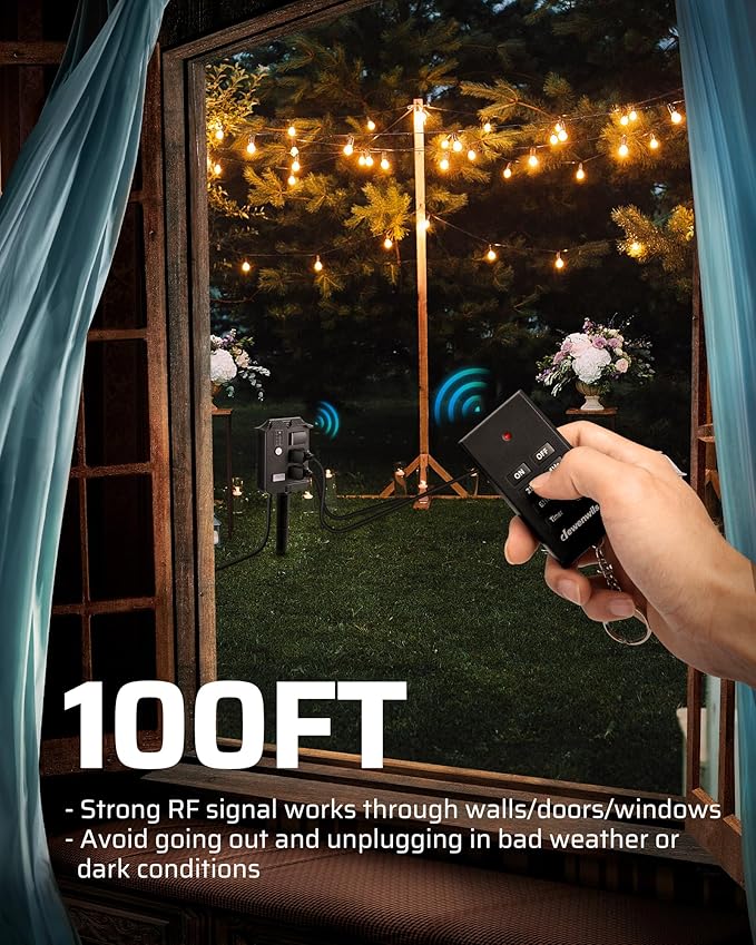 DEWENWILS Outdoor Power Stake Timer Waterproof, 6 Grounded Outlets, 6FT Extension Cord, 100FT Wireless Remote Control, Photocell Dusk to Dawn Timer for Lights, Yard, Garden, UL Listed, Black