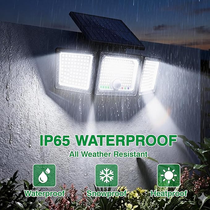 Solar Outdoor Lights Motion Sensor, 2500LM 286 LED Security Flood Lights with Visual Battery & Mode Display, 3 Lighting Modes, IP65 Waterproof 3-Head Wide Angle for Garage, Yard, Patio (1 Pack)