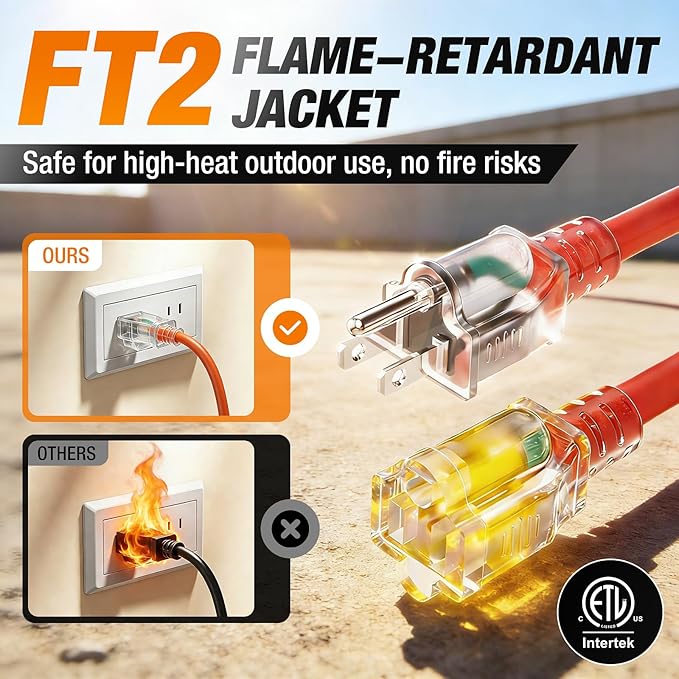 10 FT Outdoor Extension Cord Waterproof, 16/3 Gauge Heavy Duty 3 Prong Power Cord with Lighted Indicator End, 13A 125V 1625W SJTW, ETL Listed, Great for Lawn/Garden/Home(Orange)