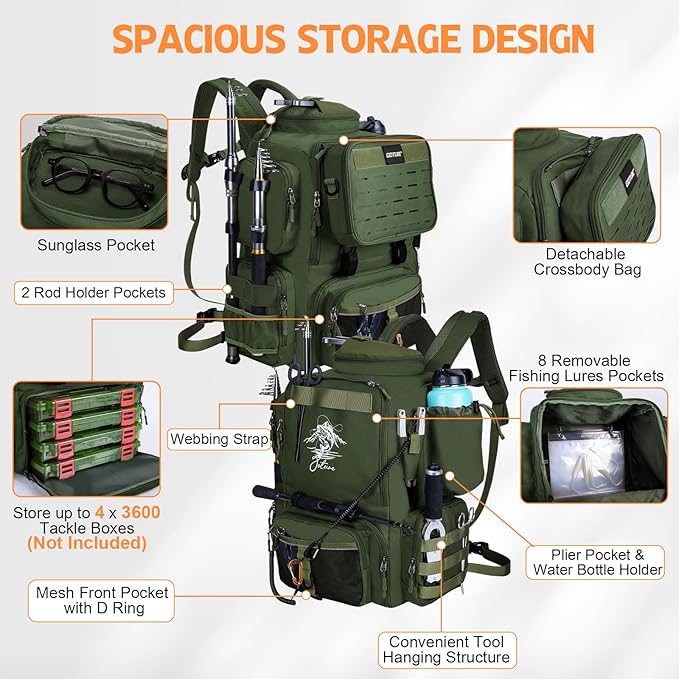 Goture Fishing Backpack, 900D Water-Resistant Tackle Backpack with Rod Holders, 58L Large Storage Gear Fishing Tackle Bag with Detachable Crossbody Bag,8 Lure Pockets,Bottle Holder for Camping Hiking