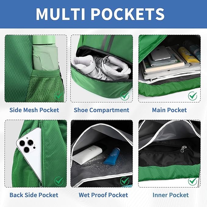 JELUTAR Drawstring Backpack Gym Bag with Shoes Compartment for Soccer, Basketball, Swim, Water-Resistant String Backpack Beach Cinch for Women Men, Dark Green