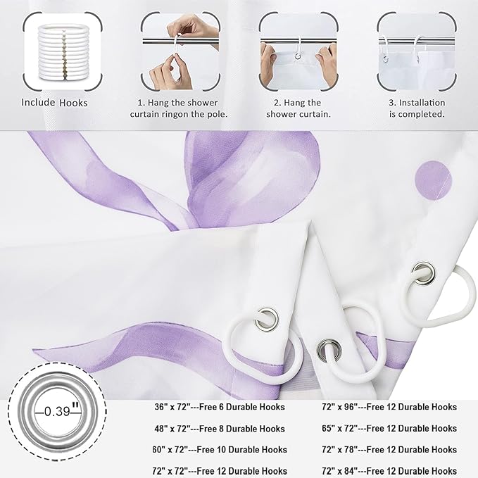 Purple Bow Shower Curtain, Lavender Modern Aesthetic Bowknot with Polka Dot Cute Girly Bathroom Curtain Waterproof Fabric Machine Washable with Hooks, 60" Wx72 L