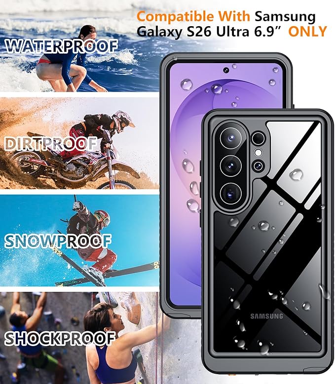 Temdan Designed for Samsung Galaxy S26 Ultra Case Waterproof, Built-in Lens & Screen Protector Military Grade Shockproof Dropproof IP68 Underwater Full Body Phone Case for Galaxy S26 Ultra 6.9"-Black
