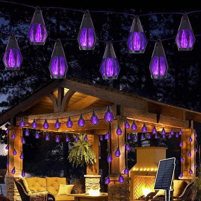 Solar String Lights for Outside, 33Ft Solar Patio Lights with 15 Flickering Flame Light Bulbs, Waterproof Purple Solar Powered Outdoor Lights for Garden Yard Patio Gazebo Bistro Cafe Porch Party Decor