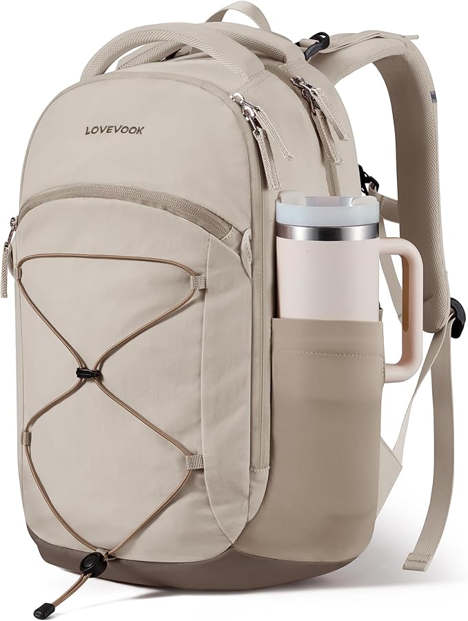 LOVEVOOK Everyday Laptop Backpack for Women Men With Tumbler Holder,17 inch Classic Travel Work College Teacher Carryon Backpack Purse,Waterproof Computer laptop Bag Hiking Backpack,Light khaki-Brown