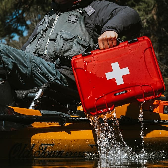 NANUK 910 Waterproof First Aid Kit 146pcs – Durable, Pre-Stocked First Aid Emergency Kit with Bandages, Tick Removal Tool, and More – Dustproof, Impact-Resistant, Floats (14.3" x 11.1" x 4.7") – Red