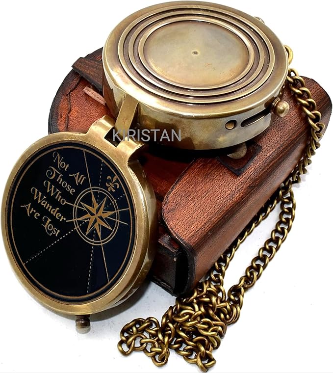 Vintage Brass Compass Not All Those Who Wander are Lost, Engraved Antique Pocket Compass with Leather Case, Inspirational Graduation Gift for Men, Hiking Camping Navigation Nautical Compass