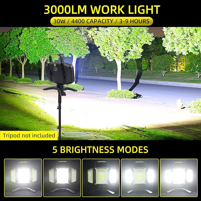 YZONI Rechargeable Work Light, 30W 3000Lumen LED Work Light with 5 Modes, Battery Powered Magnetic Lights with 360°Rotate Foldable Design, Job Site Lighting for Car Repair, Garage, Workshop, Camping