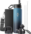 Coolflask Water Bottle 20 oz Insulated with Straw, Stainless Steel Metal 3 Lids Water Flask Wide Mouth for Sports or Office, Non-BPA Keep Cold Up to 48 Hrs or Hot Up to 24 Hrs, Samurai Cyan