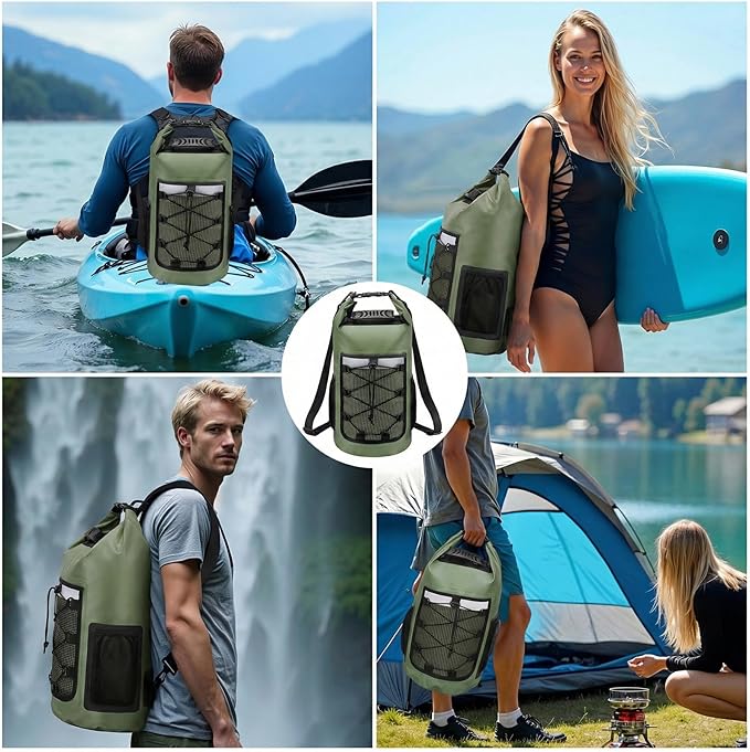 Pimoys Dry Bag, 25L Waterproof Backpack, Roll-Top Dry Bags Kayak, Outdoor Travel Bag for Boating, Kayaking, Camping, Fishing, Hiking, Rafting(Forest Green