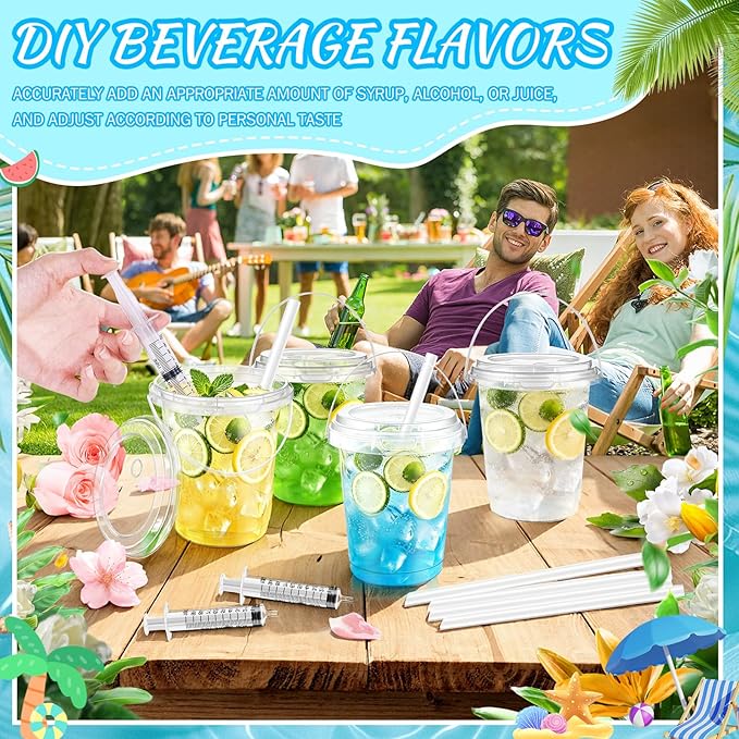 30 Sets 34 oz Drink Buckets with Lids and Straws, Disposable Clear Plastic Party Cups with Handles for Rum, Iced Coffee, Smoothies, Milkshakes, Sturdy Beverage Tubs for Pool Beach and Outdoor Parties