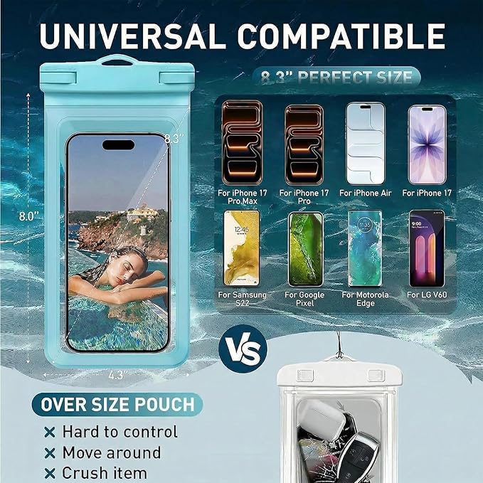 Waterproof Phone Pouch, with Interior Card Pocket, Large Waterproof Phone Case for iPhone 17 16 15 14 Pro Max, IPX8 Lightweight Cellphone Dry Bag, Beach Cruise Ship Essentials,2 Pack-Blue-8.3″