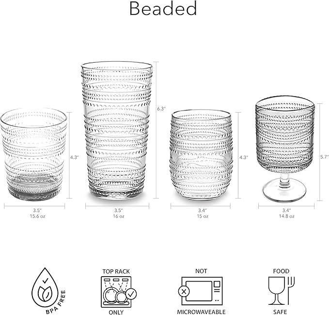 Beaded 16 oz Durable Acrylic Jumbo Drinking Glasses, Shatter-Resistant and Dishwasher-Safe Indoor/Outdoor Drinkware for Water, Iced Tea, Juice, and Cocktails - Cobalt Blue - Set of 6