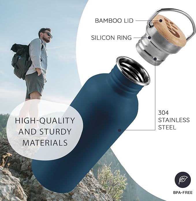 Bambaw Stainless Steel Water Bottle 16 oz, Navy Blue Sports Bottle, Non-Insulated Single Wall, Children's Small Metal Water Bottle, 500 ml, Reusable – Aegean Blue