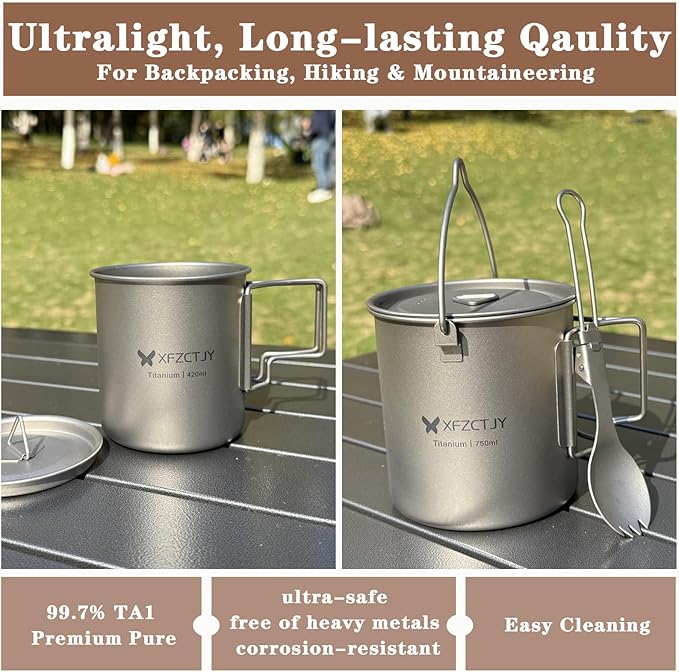 750ml/420ml Ultralight Titanium Pot Coffee Tea Mug Combo With Lid Spork,Tea Infuser, Nestable Camping Set With Foldable Handle For Backpacking, Hiking Mountaineering