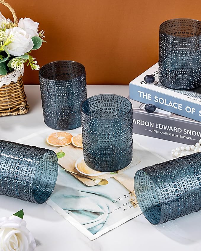 18PCS Hobnail Plastic Drinking Glasses - 14Oz Beaded Mixed Drinkware Sets Disposable - Blue Vintage Plastic Bubble Easter Glassware for Beer, Juice, Cocktail, Whiskey, and Various Mixed Drinks