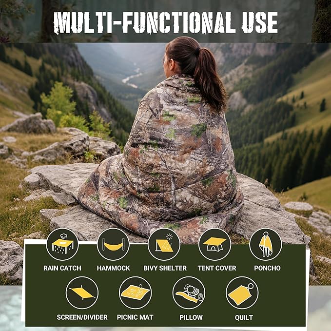 Lenotos Woobie Blanket, Thermal Insulated Military Poncho Liner, Water-Resistant, Portable, Insulation, for Hiking, Survival with Compression Carry Bag (Tree Camo Bionic)