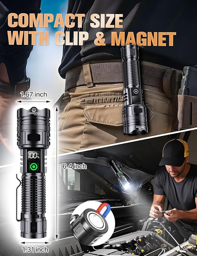 Esgofo Rechargeable Flashlights High Lumens 100000 2 Modes High/Low, Super Bright Magnetic LED Flashlight Long Distance 3280FT, Powerful Long Lasting Strong Flash Light USB C with Clip for Hiking