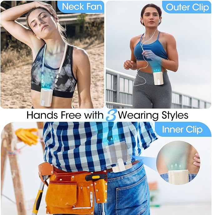 Heelkl 2026 AI Portable Fan Rechargeable, 4 Speeds Strong Airflow, Personal Waist Fan with up to 25H of Working Time, Hanging Neck Fan, Wearable Belt Fan for Camping, Outdoor, Jobsite - Champagne