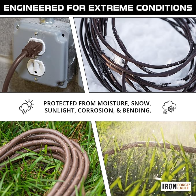 Iron Forge Cable 10ft Brown Outdoor Extension Cord with 3 Outlets - 16/3 SJTW 10ft Extension Cord 3 Prong, 13 Amp All-Weather Heavy Duty Power Cable