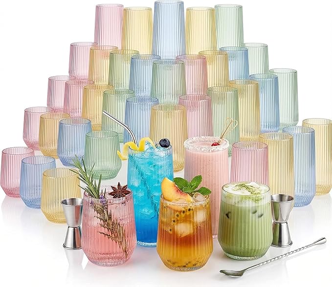 Oojami 48 Pack Ribbed Origami Ripple Plastic Glasses, 24 Stemless 9oz Champagne Flutes & 24 12oz Wine Cups – BPA-Free Disposable Shatterproof Drinkware for Weddings, Parties, Bars & Events (Clear)