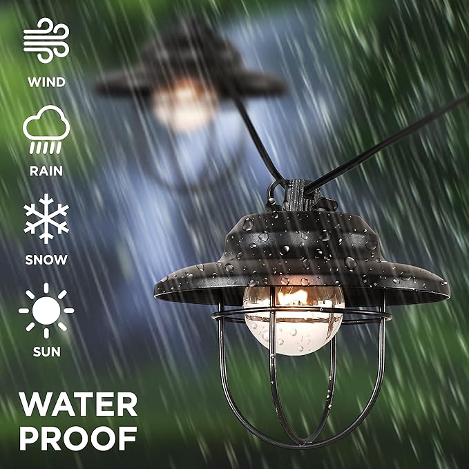JONATHAN Y 10' Black 10-Light Rustic Farmhouse LED String Lights for Patio, Metal Cage Shade, Weatherproof Connectable Outdoor Hanging Lights, UL Listed JYL8703A
