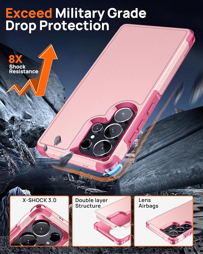 Lanhiem for Samsung Galaxy S25 Ultra Phone Case with Tempered Glass Screen Protector, Shock Absorption, Anti-Scratch Shockproof Case Cover for Samsung S25 Ultra, Pink