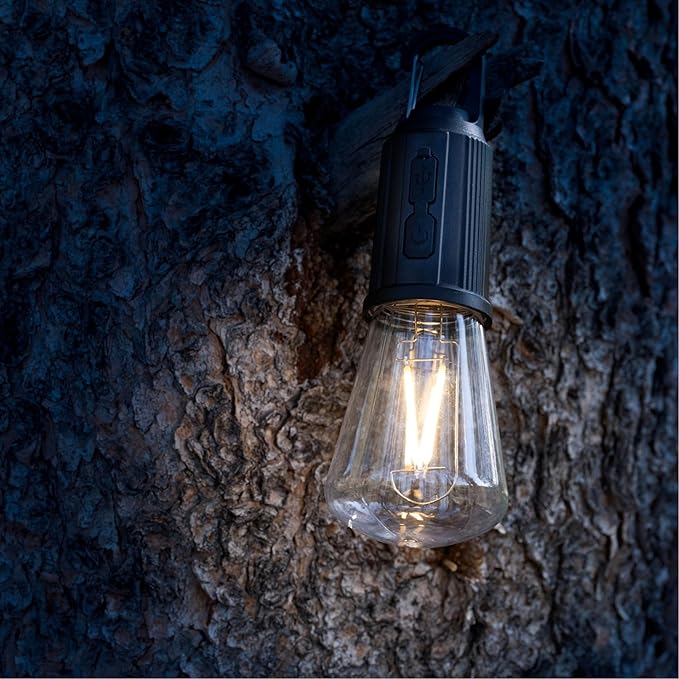4-Pack Rechargeable Camp Light, Warm White LED Conical Bulb, Battery Powered with USB-C, Shatterproof Globe on Carabiner, 3 Brightness Levels