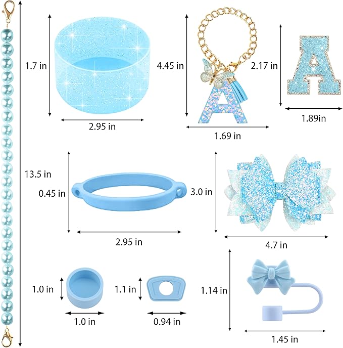 9PCS Blue for Stanley Cup Accessories Set Bling Initials Bow Charms for Stanley Decorations 30/40 Oz Tumbler Accessories Including Bow Straw Topper, Handle Strap, Spill Stopper（Letter A）