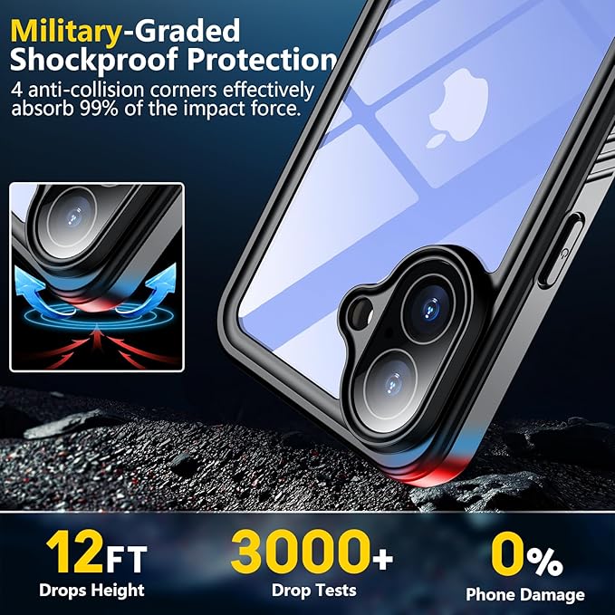 SPIDERCASE for iPhone 16 Case with Lanyard, 12FT Military Heavy Duty Rugged IP68 Underwater Full Body Sealed Protection Phone Case 6.1”, [Built-in Camera & Screen Protector], Black/Clear