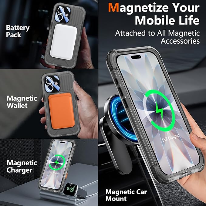SPIDERCASE Magnetic for iPhone 17 Case Waterproof,[Built-in Screen & Camera Protector] [IP68 Underwater] 12FT Military Shockproof, Dustproof, Anti-Scratched Phone Case,Black/Clear
