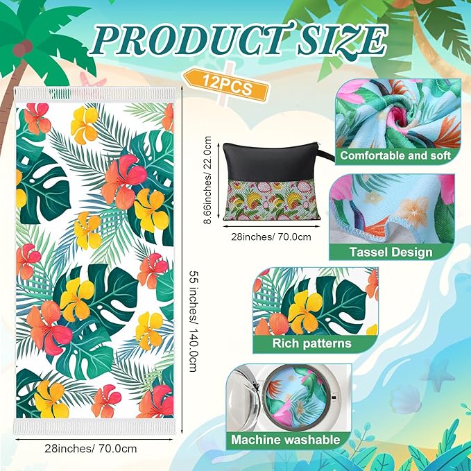 Peryiter 24 Pack Microfiber Oversize Turkish Beach Towel Set 12 Large Absorbent Beach Towels with 12 Storage Bag 28 x 55 Quick Dry Lightweight Bath Towel Blanket for Hawaii Camp Swim Pool(Hibiscus)