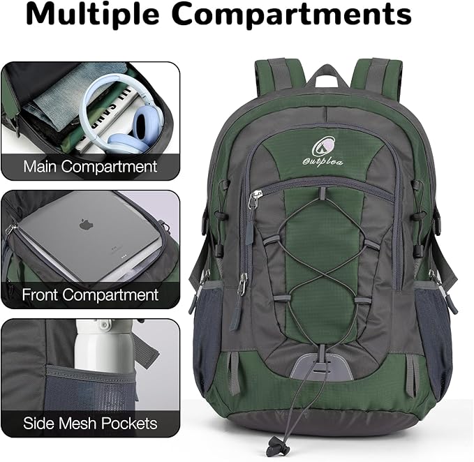 25L Small Hiking Backpack with Chest Strap for Men Women, Waterproof Travel Backpack Day Pack, Lightweight Padded Hiking Daypacks for Camping Traveling Outdoor Sports, Green