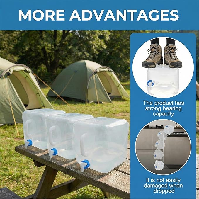 3-Pack 5.3 Gallon (20L) Collapsible Water Containers with Spigot - BPA-Free PE Water Jug - Leak-Proof Water Storage Bag for Camping, Hiking & Emergency Backup - Portable, Foldable