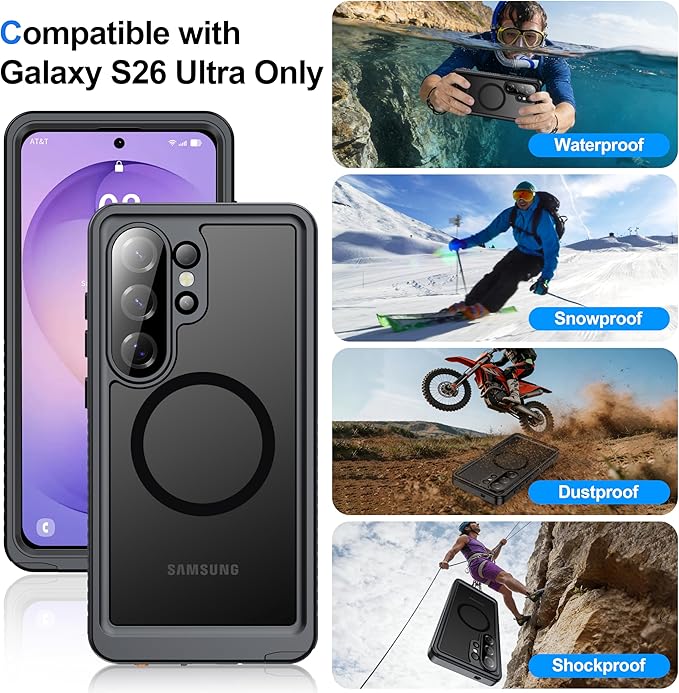 ANTSHARE IP68 Waterproof Case for Samsung Galaxy S26 Ultra [2026] - MagSafe Compatible, Built-in Screen/Lens Protector - Shockproof Full Body Protection for Swimming/Outdoor, Black-Translucent Matte