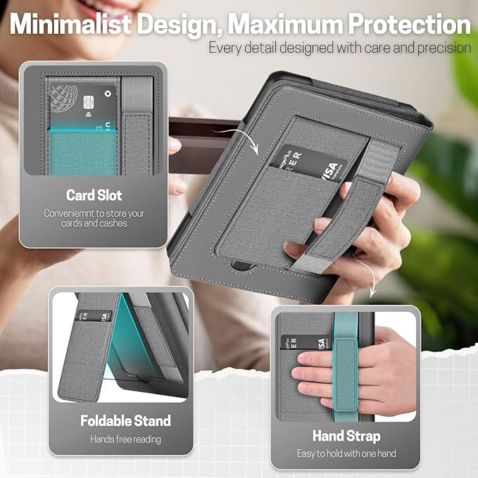 TNP Stand Case with Strap for Kindle Paperwhite 12th Gen 2024 / Kindle Colorsoft Signature Edition - 7" PU Leather Protective Folio Cover with Auto Wake/Sleep & Card Slot, Gray