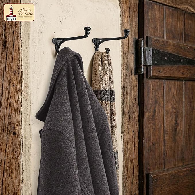 Mystic Colonial Rustic Cast Iron Wall Hooks Heavy Duty Retro Utility Hooks for Hanging Coat, Bag, Towel, Robe, Hat & More Decorative Wall Mount Hooks, Pack of 10, Black