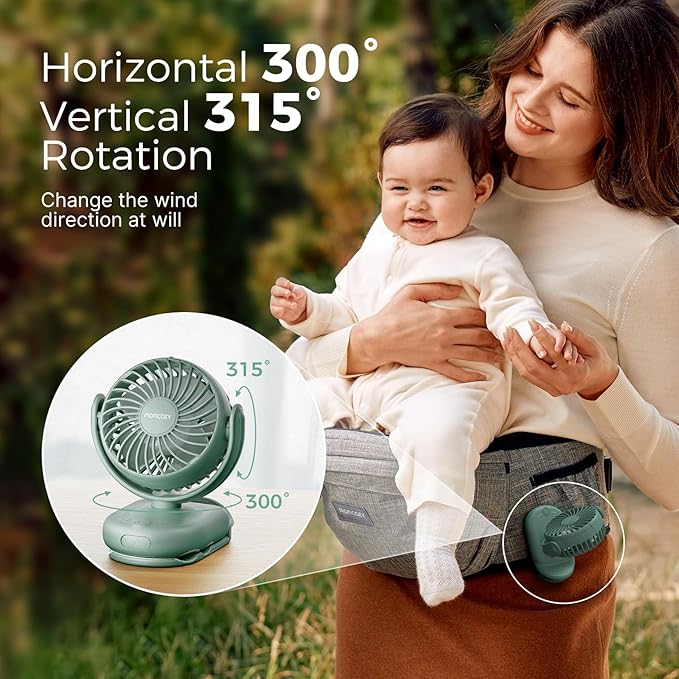 Momcozy Portable Stroller Fan with Clip | 4-Speed Mini-Fan for Carrier | Personal Fans Ultra Light 0.26lb | Gaps ≤4.5mm | Handheld Cooling | Rechargeable Rotate for Diaper Backpack/Table/Chair