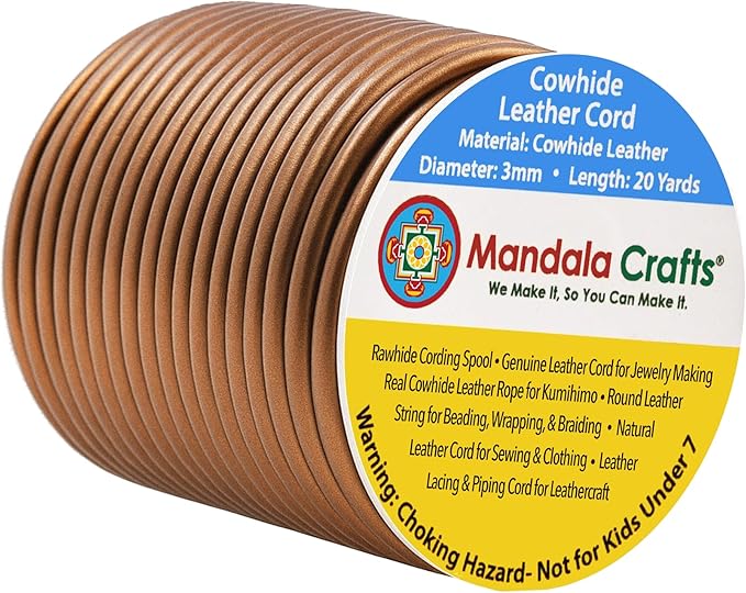 Mandala Crafts Round Genuine Bronze Leather Cord for Jewelry Making – 3mm Cowhide Leather Rope String Lace for Kumihimo – 20 Yards Cowhide Craft Cording Spool