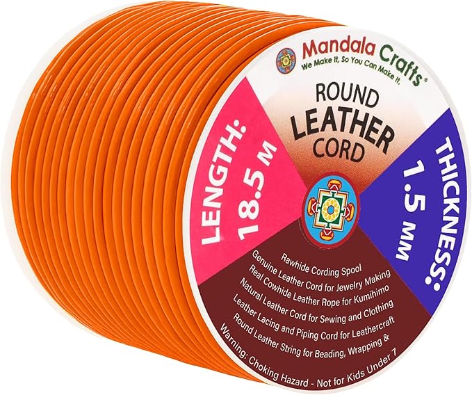 Mandala Crafts Round Genuine Orange Leather Cord for Jewelry Making – 1.5mm Cowhide Leather Rope String Lace for Kumihimo – 20 Yards Cowhide Craft Cording Spool