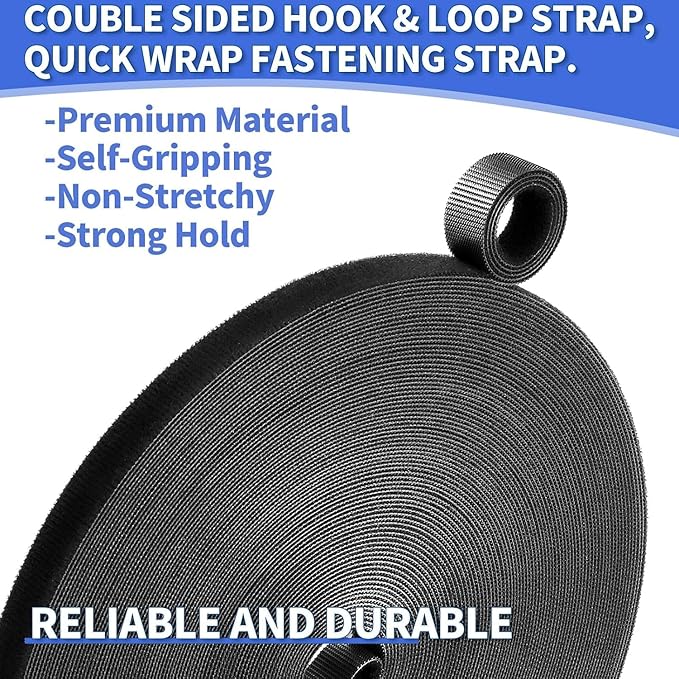 2In x 50Ft Reusable Cable Ties Hook and Loop Roll | Tie Down Straps, Nylon Double-Sided Strips, | Adjustable Multi-Purpose Wrap Fasteners forOffice, Home, Data Center
