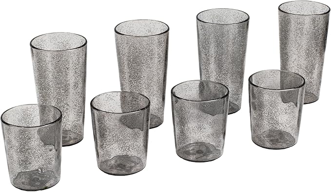 Fizz Bubbles Durable Acrylic 8-Piece Indoor/Outdoor Drinkware Set with Four 24 oz Jumbo and Four 17 oz Double Old Fashioned Glasses, Shatter-Resistant and Dishwasher-Safe - Grey